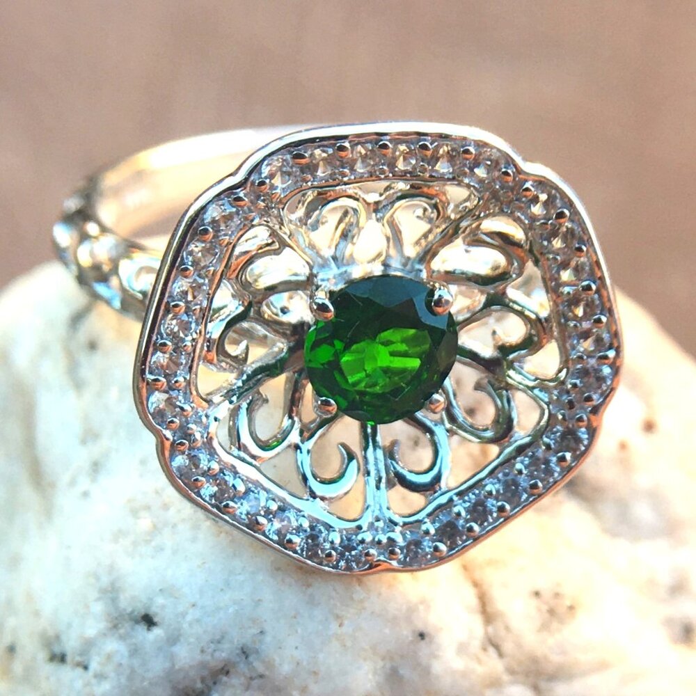 Chrome Diopside Nest Ring .925 Sterling Silver Natural Gemstones Concave